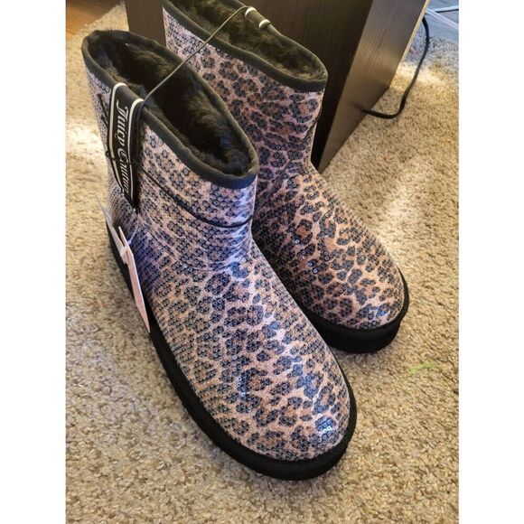 JUICY COUTURE leopard sequin boots fleece sz10 - Picture 2 of 6